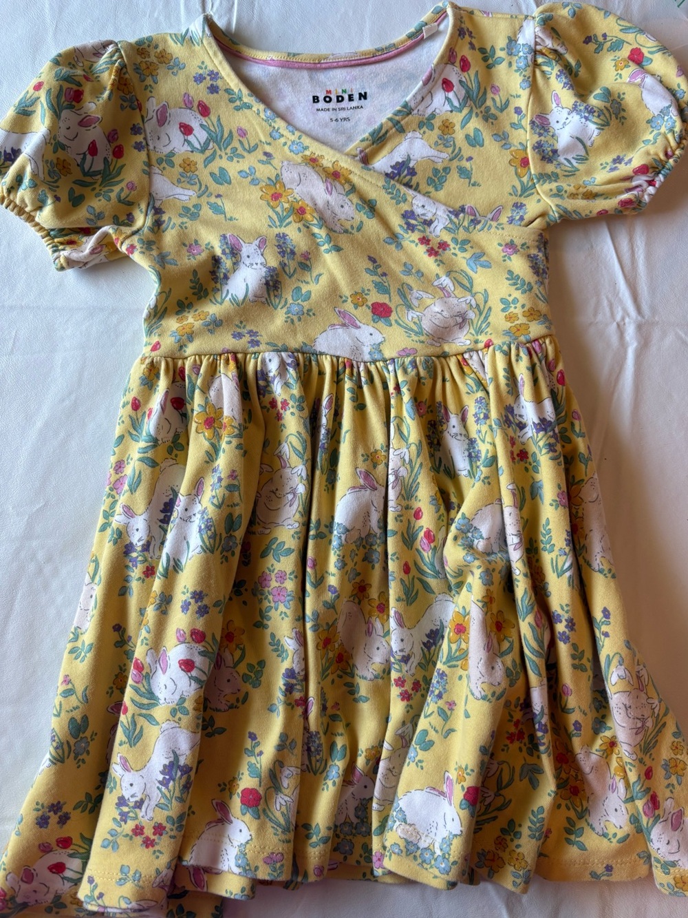 Mini Boden Girls Twirly Ballerina Spring Bunny Dress Floral Yellow 5-6 Years